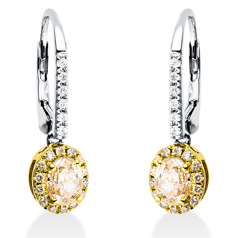 Ohrschmuck 18 kt WG+GG, 12 Brill. 0,10 ct, TW-si, 2 Oval 1,15 ct, gelb, 28 Brill. 0,17 ct, gelb
