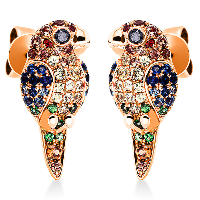 Ohrstecker 18 kt RG, 2 Brill. 0,04 ct, schwarz, 74 Saphire 0,70 ct multicolor, 14 Tsavorith 0,10 ct grün