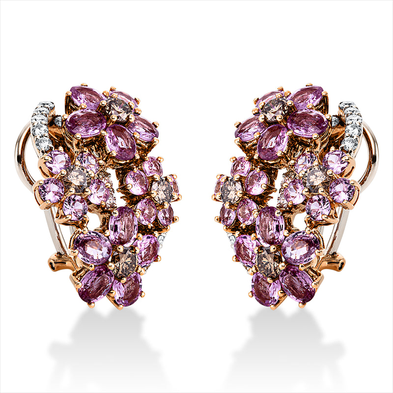 Creolen 18 kt RG, 26 Brill. 0,62 ct, TW-vsi/si, 8 Brill. 1,17 ct, braun, 40 Saphire 7,43 ct pink