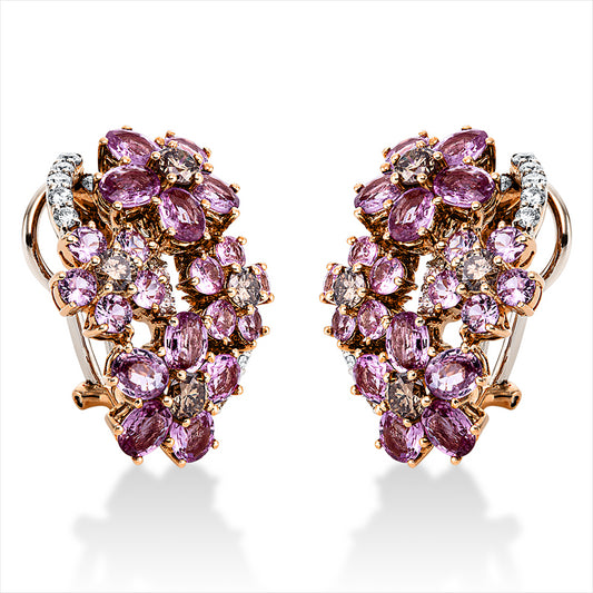 Creolen 18 kt RG, 26 Brill. 0,62 ct, TW-vsi/si, 8 Brill. 1,17 ct, braun, 40 Saphire 7,43 ct pink