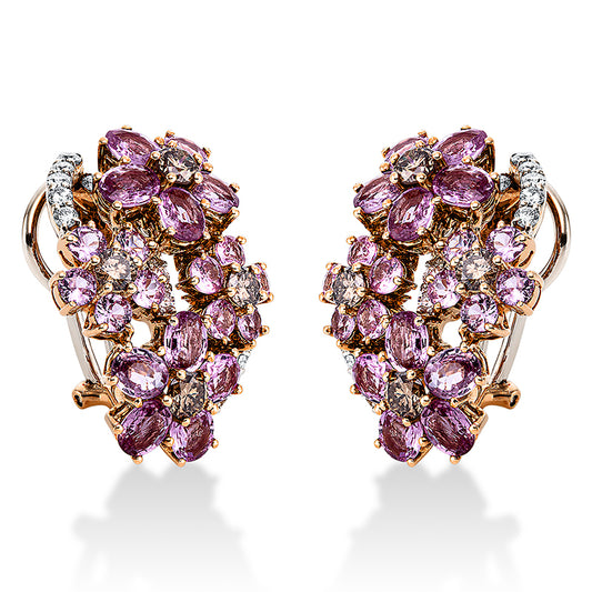 Creolen 18 kt RG+WG, 26 Brill. 0,62 ct, TW-vsi/si, 8 Brill. 1,17 ct, braun, 40 Saphire 7,43 ct pink