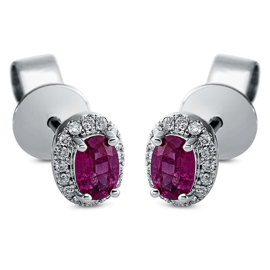 Ohrstecker 18 kt WG, 32 Brill. 0,09 ct, W-pi, 2 Rubine 0,63 ct rot
