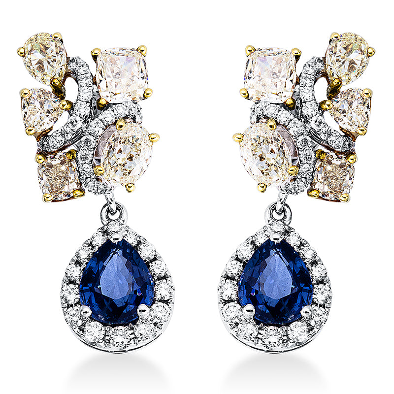 Ohrschmuck 18 kt WG+GG, 68 Brill. 1,06 ct, TW-si, 10 Fant-Schl. 1,96 ct, gelb, 2 Saphire 1,76 ct blau