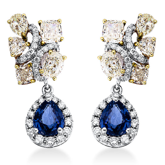 Ohrschmuck 18 kt WG+GG, 68 Brill. 1,06 ct, TW-si, 10 Fant-Schl. 1,96 ct, gelb, 2 Saphire 1,76 ct blau