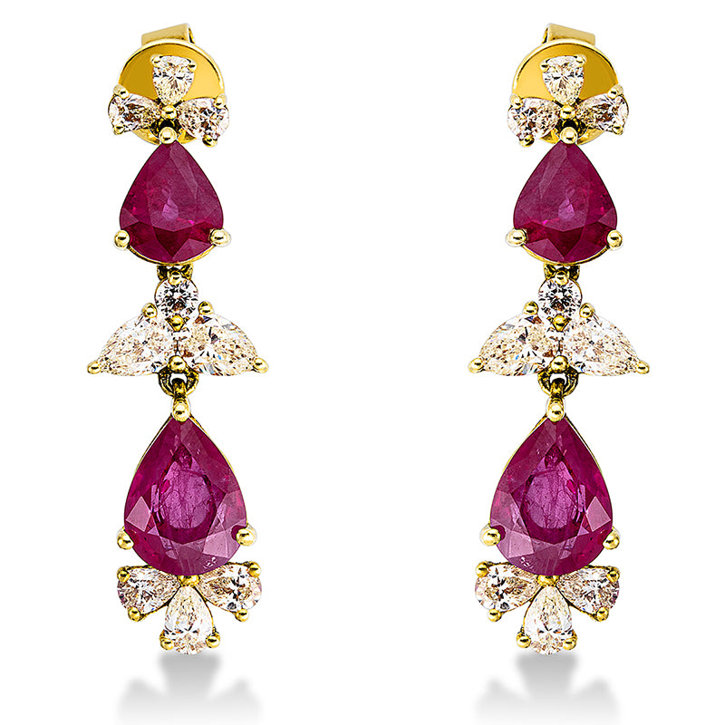 Ohrschmuck 18 kt GG, 2 Brill. 0,07 ct, gelb, 16 Tropfen 1,34 ct, gelb, 4 Rubine 3,57 ct rot