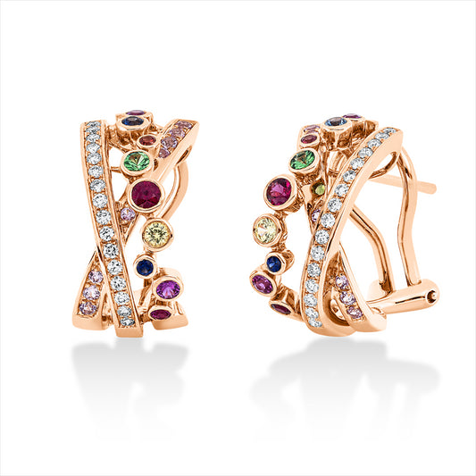 Ohrstecker 18 kt RG, 32 Brill. 0,18 ct, TW-vsi, 30 Saphire 0,52 ct multicolor, 4 Rubine 0,15 ct rot