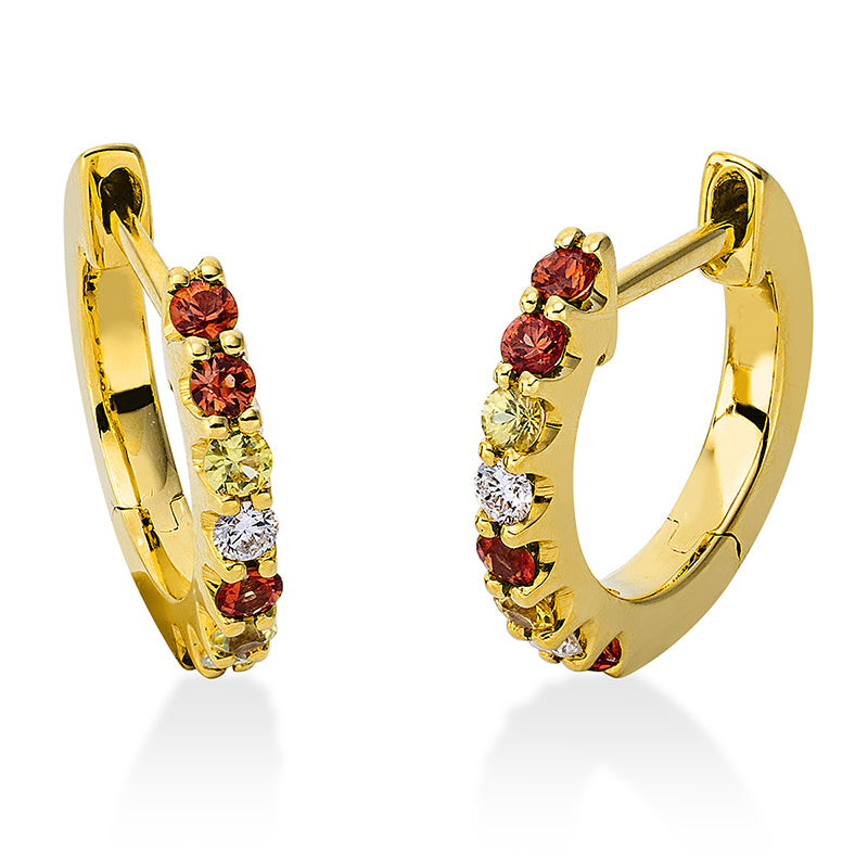 Creolen 18 kt GG, 4 Brill. 0,08 ct, TW-si, 8 Saphire 0,22 ct orange, 4 Saphire 0,12 ct gelb