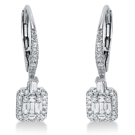 Ohrschmuck 18 kt WG, 6 Brill. 0,06 ct, TW-si, 2 Bag. 0,08 ct, TW-si, 4 Bag. 0,04 ct, TW-si, 6 Bag. 0,14 ct, TW-si, 56 Brill. 0,29 ct, TW-si