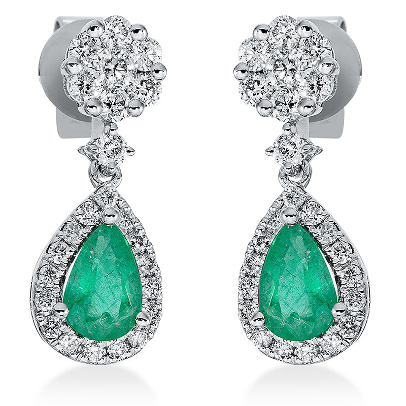 Ohrschmuck 18 kt WG, 2 Brill. 0,09 ct, TW-si, 46 Brill. 0,50 ct, TW-si, 2 Smaragde 0,71 ct grün