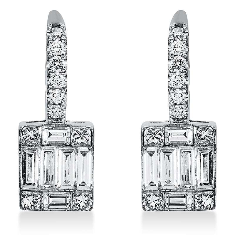 Ohrschmuck 18 kt WG, 12 Bag. 0,62 ct, TW-vsi, 8 Princ. 0,20 ct, TW-vsi, 12 Brill. 0,11 ct, TW-vsi