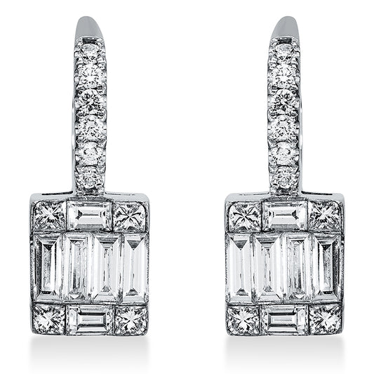 Ohrschmuck 18 kt WG, 12 Bag. 0,62 ct, TW-vsi, 8 Princ. 0,20 ct, TW-vsi, 12 Brill. 0,11 ct, TW-vsi