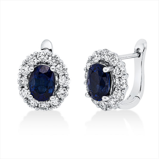 Ohrstecker 18 kt WG, 24 Brill. 0,97 ct, W-pi, 2 Saphire 2,13 ct blau