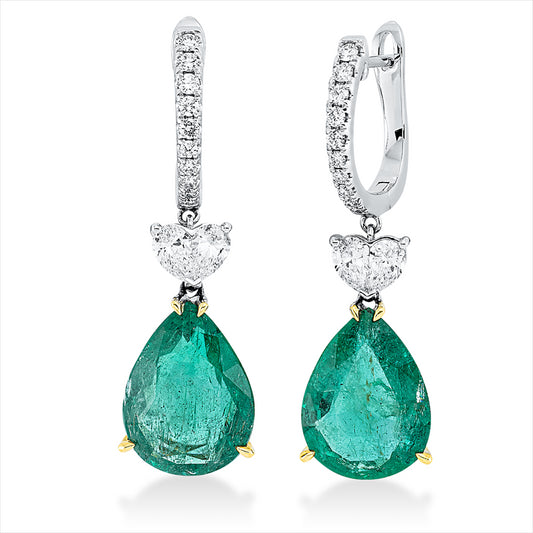 Ohrschmuck 18 kt WG+GG, 20 Brill. 0,36 ct, 4 Tropfen 0,96 ct, TW-vsi/si, 2 Smaragde 13,16 ct grün