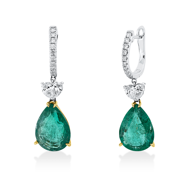 ABVERKAUF, Ohrschmuck 18 kt, 20 Brill.0,36ct, 4 Tropfen 0,96ct, TW-vsi/si, 2 Smaragde 13,16ct grün