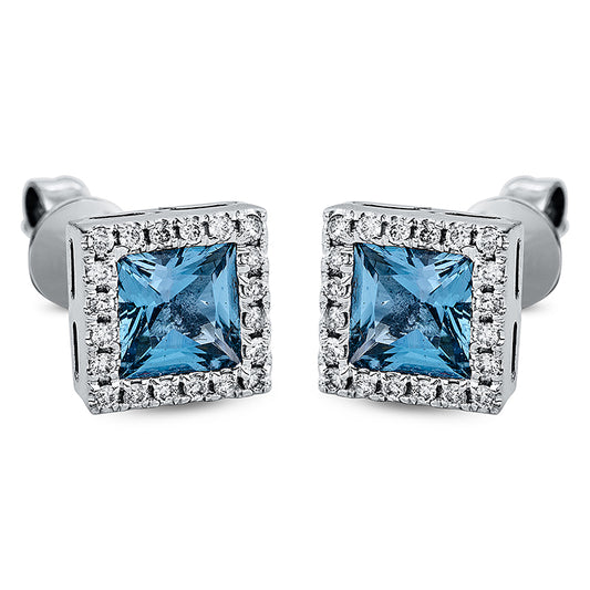 Ohrstecker 14 kt WG, 40 Brill. 0,15 ct, TW-pi, 2 Topase 1,21 ct blau