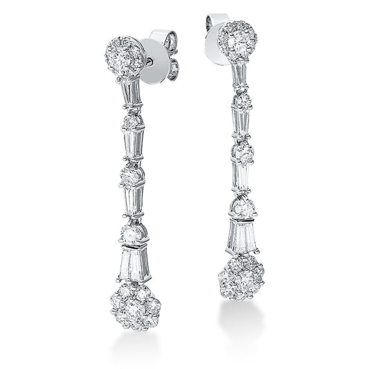 Ohrschmuck 18 kt WG, 10 Trap. 0,63 ct, TW-vsi/si, 6 Brill. 0,61 ct, TW-vsi/si, 2 Brill. 0,12 ct, TW-vsi/si, 32 Brill. 0,65 ct, TW-vsi/si