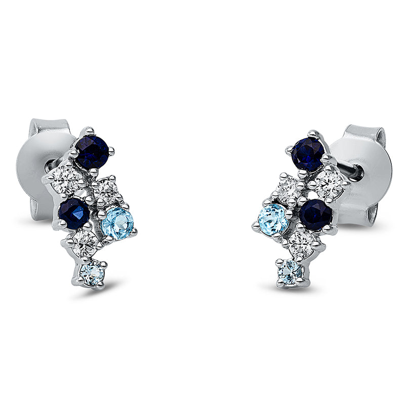 Ohrstecker 18 kt WG, 6 Brill. 0,13 ct, TW-si, 4 Saphire 0,19 ct blau, 4 Topase 0,12 ct blau