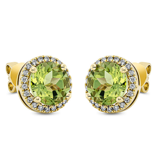 Ohrstecker 18 kt GG, 44 Brill. 0,20 ct, TW-si, 2 Peridot 3,20 ct grün