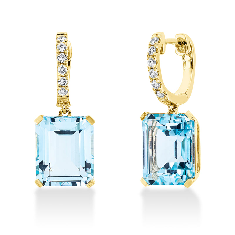Ohrschmuck 18 kt GG, 12 Brill. 0,25 ct, TW-si, 2 Topase 11,90 ct sky blue