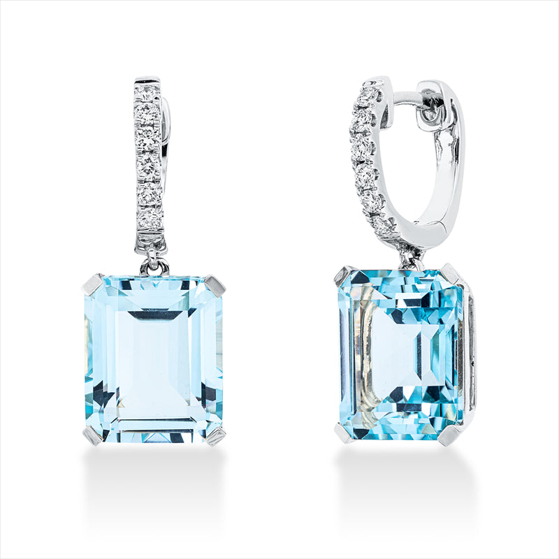 Ohrschmuck 18 kt WG, 12 Brill. 0,25 ct, TW-si, 2 Topase 11,90 ct sky blue