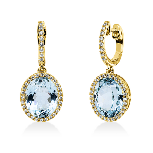 Ohrschmuck 18 kt GG, 72 Brill. 0,32 ct, TW-si, 2 Topase 8,90 ct sky blue