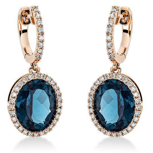 Ohrschmuck 18 kt RG, 72 Brill. 0,32 ct, TW-si, 2 Topase 8,90 ct Lond. blue