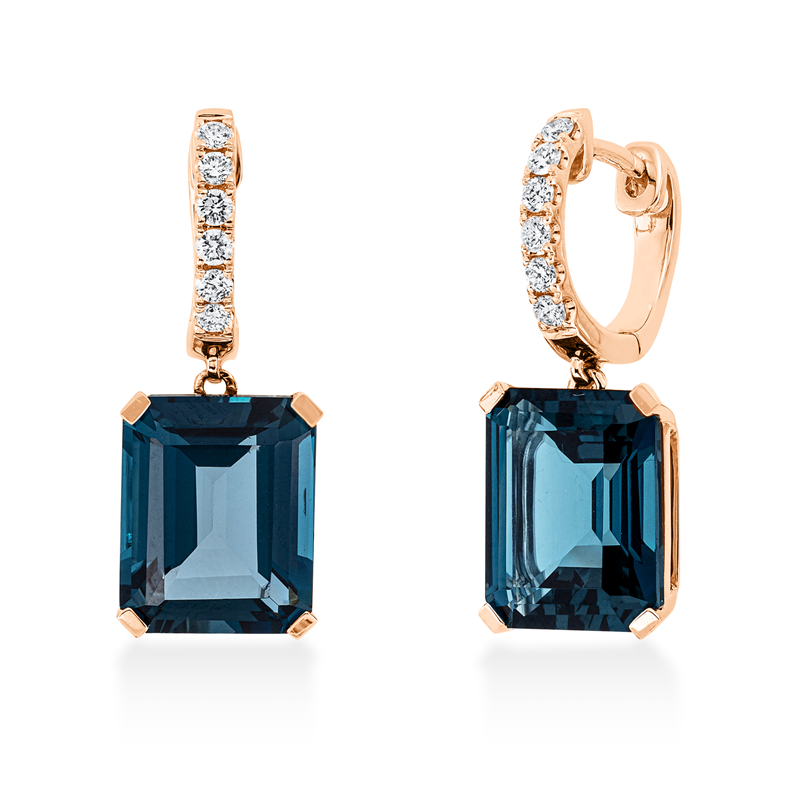 Ohrschmuck 18 kt RG, 12 Brill. 0,27 ct, TW-si, 2 Topase 11,20 ct Lond. blue