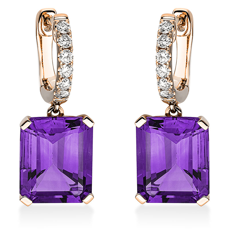 Ohrschmuck 18 kt RG, 12 Brill. 0,27 ct, TW-si, 2 Amethyste 8,20 ct lila