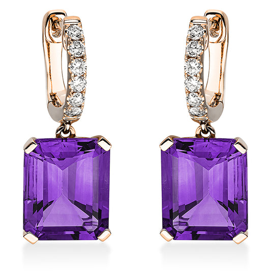 Ohrschmuck 18 kt RG, 12 Brill. 0,27 ct, TW-si, 2 Amethyste 8,20 ct lila