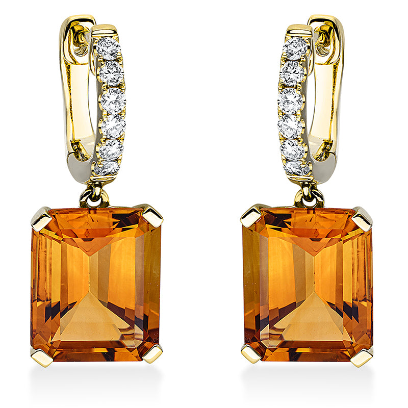 Ohrschmuck 18 kt GG, 12 Brill. 0,27 ct, TW-si, 2 Citrin 7,70 ct mandarin