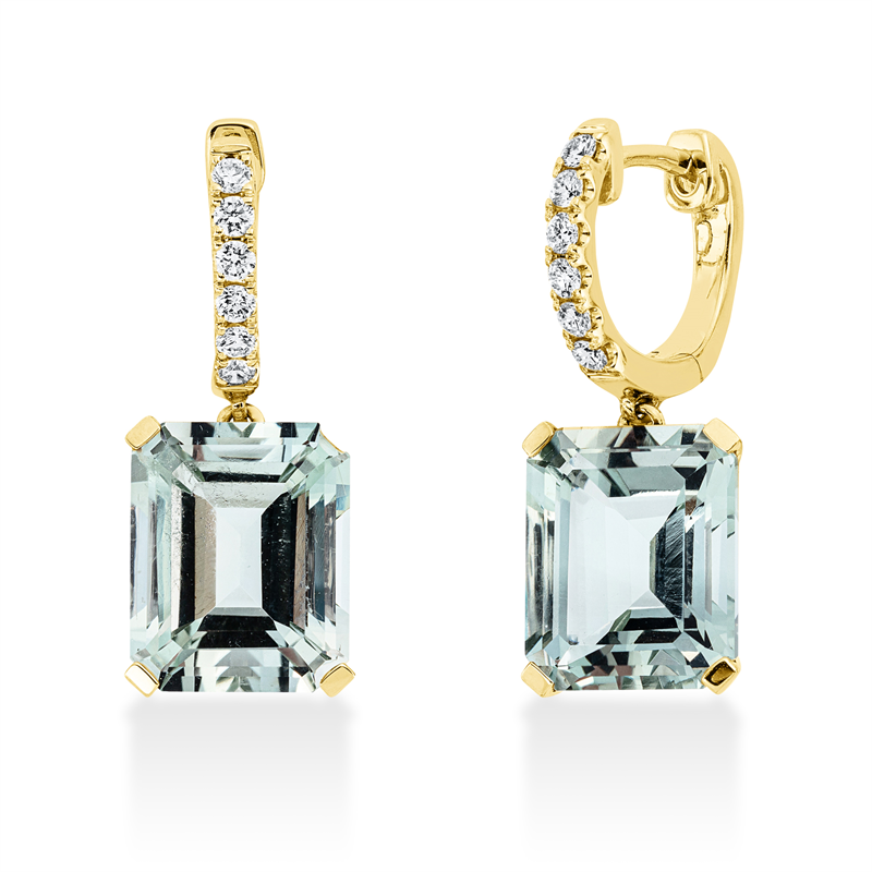 Ohrschmuck 18 kt GG, 12 Brill. 0,27 ct, TW-si, 2 Amethyste 7,90 ct grün