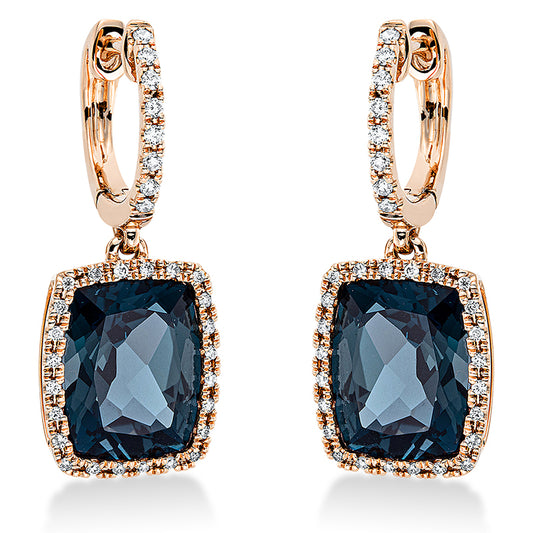 Ohrschmuck 18 kt RG, 64 Brill. 0,26 ct, TW-si, 2 Topase 8,00 ct Lond. blue