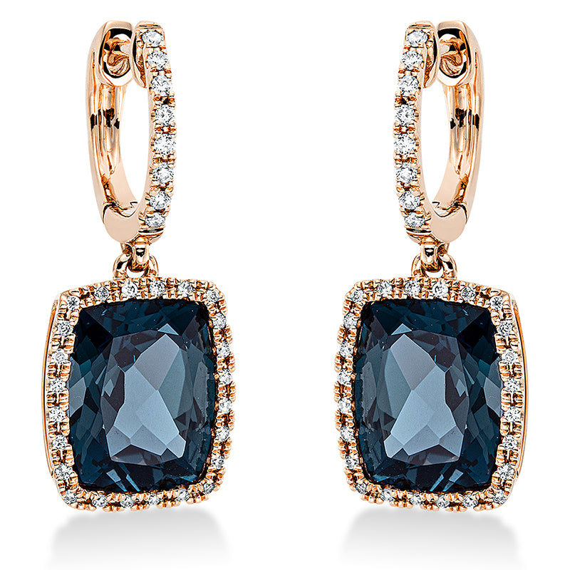 Ohrschmuck 18 kt RG, 64 Brill. 0,26 ct, TW-si, 2 Topase 8,00 ct Lond. blue