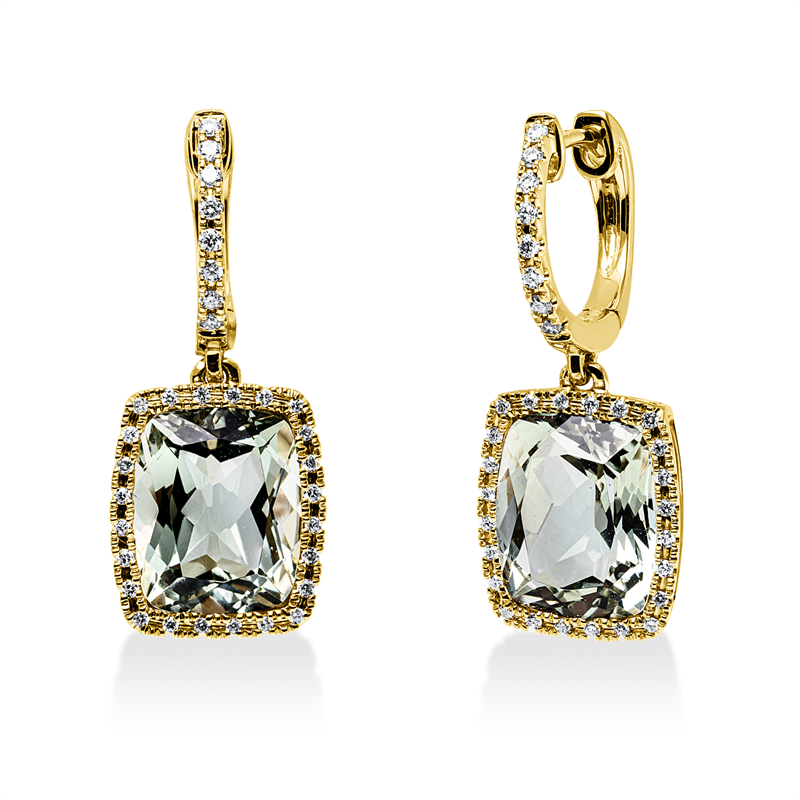 Ohrschmuck 18 kt GG, 64 Brill. 0,26 ct, TW-si, 2 Amethyste 6,30 ct grün