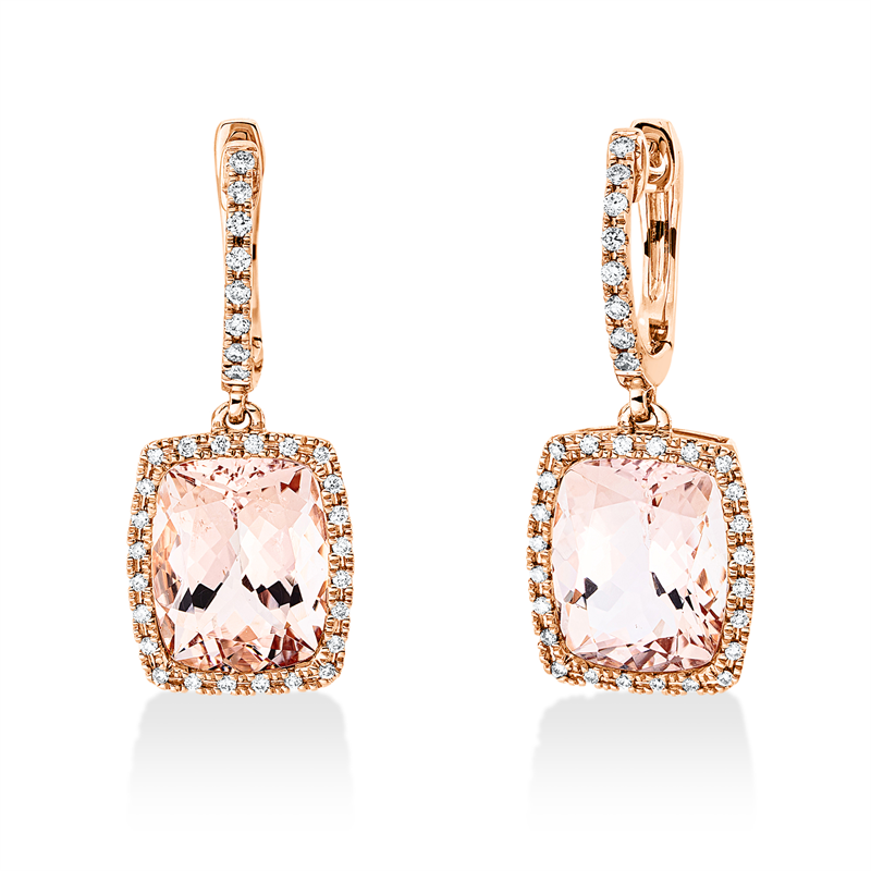 Ohrschmuck 18 kt RG, 64 Brill. 0,26 ct, TW-si, 2 Morganit 6,00 ct pink