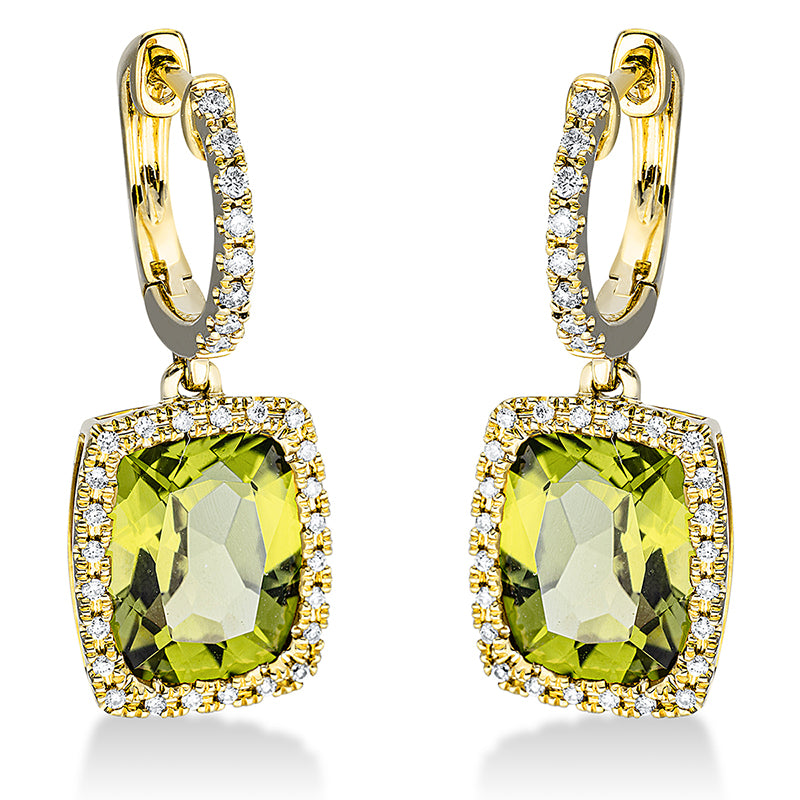 Ohrschmuck 18 kt GG, 64 Brill. 0,30 ct, TW-si, 2 Peridot 6,70 ct grün