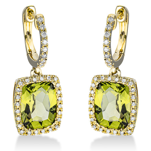 Ohrschmuck 18 kt GG, 64 Brill. 0,30 ct, TW-si, 2 Peridot 6,70 ct grün