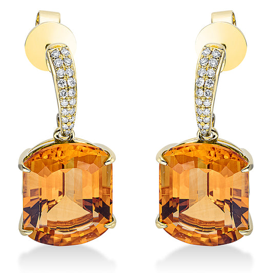 Ohrschmuck 18 kt GG, 38 Brill. 0,18 ct, TW-si, 2 Citrin 13,30 ct mandarin