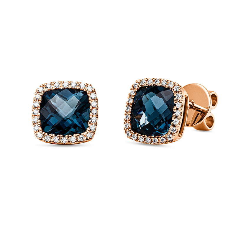 Ohrstecker 18 kt RG, 48 Brill. 0,15 ct, TW-si, 2 Topase 3,70 ct Lond. blue