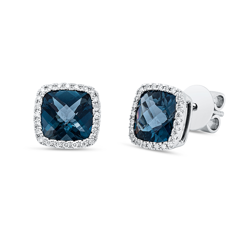 Ohrstecker 18 kt WG, 48 Brill. 0,15 ct, TW-si, 2 Topase 3,40 ct Lond. blue