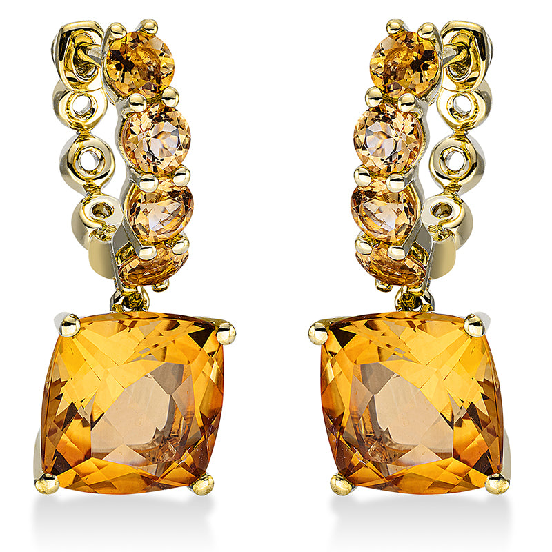 Ohrschmuck 18 kt GG, 2 Citrin 4,50 ct gelb, 8 Citrin 0,90 ct gelb