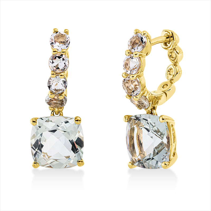 Ohrschmuck 18 kt GG, 2 Amethyste 4,10 ct grün, 8 Amethyste 1,00 ct grün