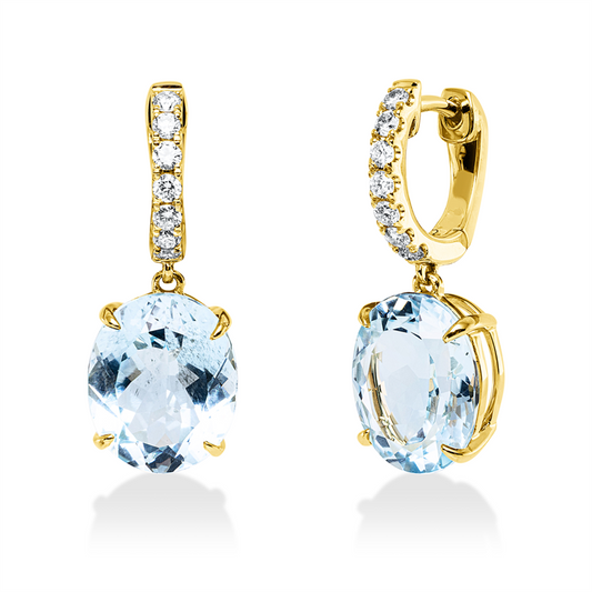 Creolen 18 kt GG, 14 Brill. 0,27 ct, TW-si, 2 Topase 10,00 ct sky blue