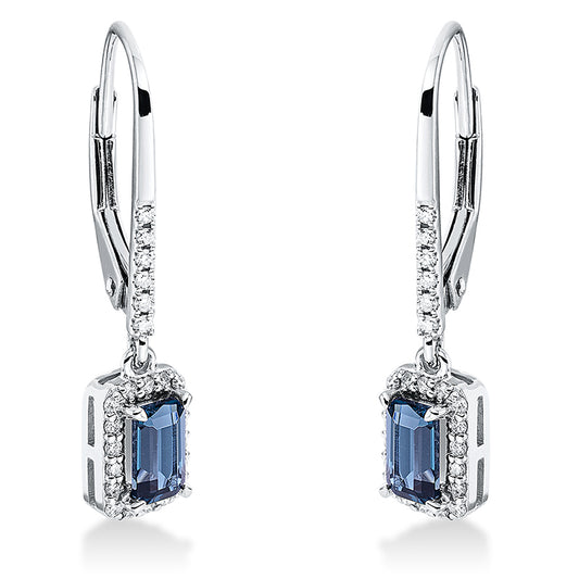Ohrschmuck 18 kt WG, 48 Brill. 0,14 ct, TW-si, 2 Topase 0,64 ct Lond. blue