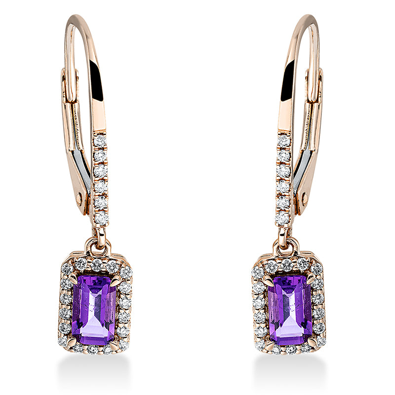 Ohrschmuck 18 kt RG, 48 Brill. 0,14 ct, TW-si, 2 Amethyste 0,51 ct lila