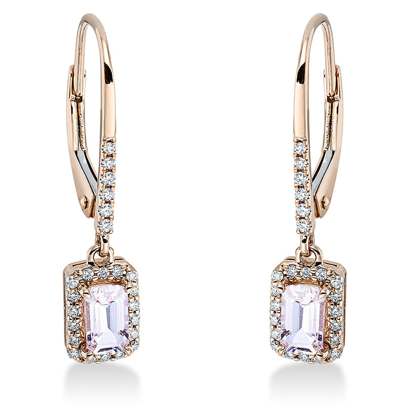 Ohrschmuck 18 kt RG, 48 Brill. 0,14 ct, TW-si, 2 Morganit 0,54 ct pink