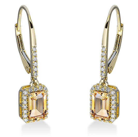 Ohrschmuck 18 kt GG, 52 Brill. 0,15 ct, TW-si, 2 Citrin 1,12 ct gelb