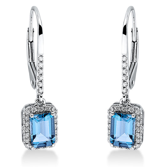 Ohrschmuck 18 kt WG, 52 Brill. 0,15 ct, TW-si, 2 Topase 1,29 ct Lond. blue