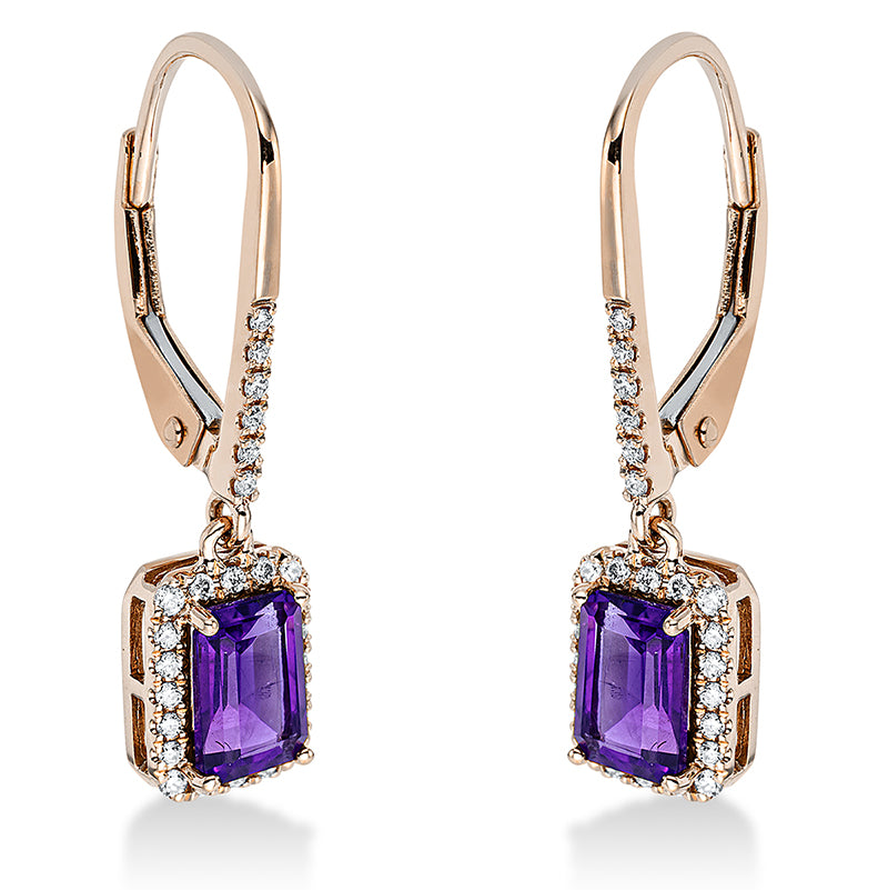 Ohrschmuck 18 kt RG, 52 Brill. 0,15 ct, TW-si, 2 Amethyste 1,03 ct lila