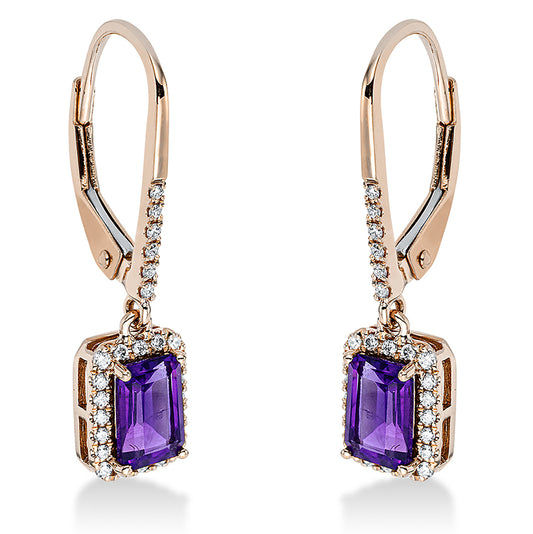 Ohrschmuck 18 kt RG, 52 Brill. 0,15 ct, TW-si, 2 Amethyste 1,03 ct lila